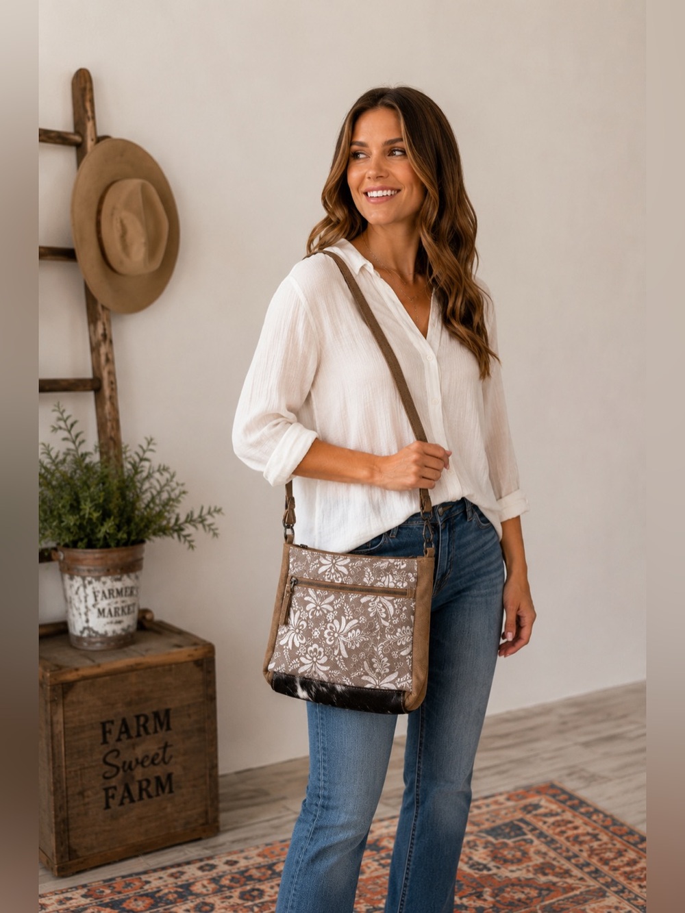 Stylish Brown Floral Crossbody Shoulder Bag
